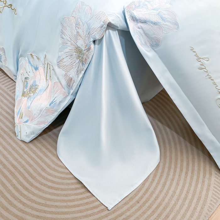 91家纺网 家纺一手货源 找家纺 花愿（原花纪） 2025新款水洗冰丝刺绣四件套-花恋系列 天空蓝