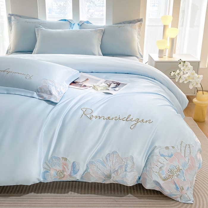 花愿（原花纪） 2025新款水洗冰丝刺绣四件套-花恋系列 天空蓝