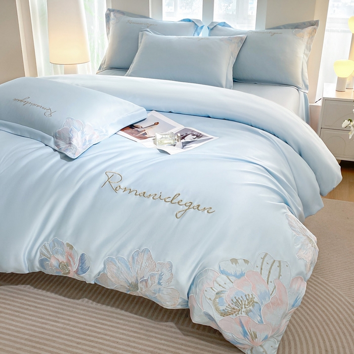 91家纺网 家纺一手货源 找家纺 花愿（原花纪） 2025新款水洗冰丝刺绣四件套-花恋系列 天空蓝