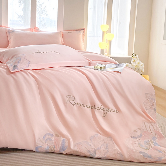 91家纺网 家纺一手货源 找家纺 花愿（原花纪） 2025新款水洗冰丝刺绣四件套-花恋系列 樱花粉