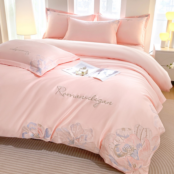 91家纺网 家纺一手货源 找家纺 花愿（原花纪） 2025新款水洗冰丝刺绣四件套-花恋系列 樱花粉