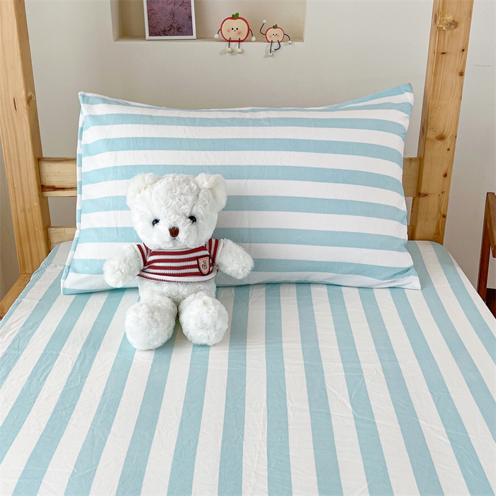 91家纺网 家纺一手货源 找家纺 多品家纺 2025春夏新款超柔水洗棉学生宿舍床笠 糯米蓝条