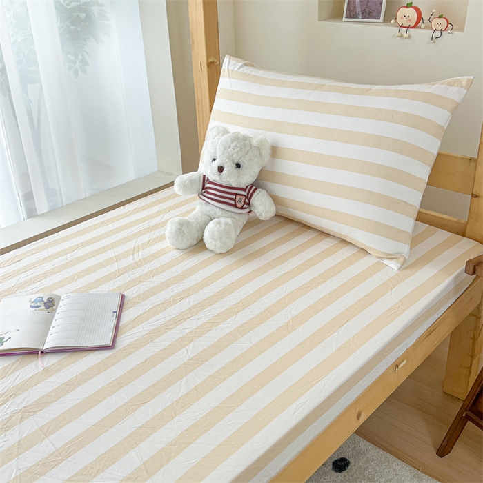 91家纺网 家纺一手货源 找家纺 多品家纺 2025春夏新款超柔水洗棉学生宿舍床笠 日系黄条