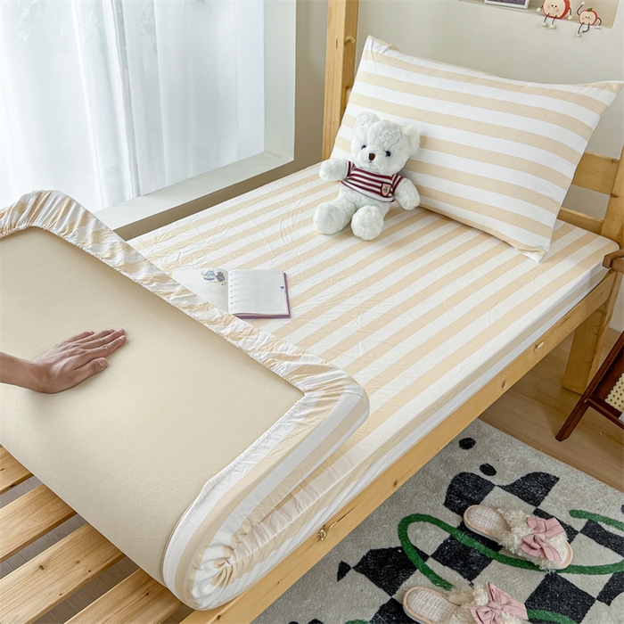 91家纺网 家纺一手货源 找家纺 多品家纺 2025春夏新款超柔水洗棉学生宿舍床笠 日系黄条