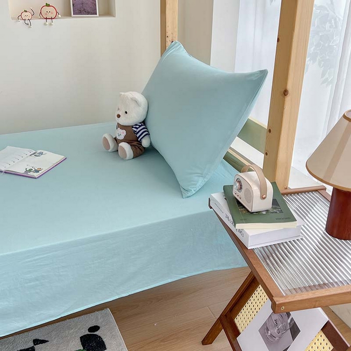 91家纺网 家纺一手货源 找家纺 多品家纺 2025春夏新款超柔水洗棉学生宿舍床笠 天空蓝