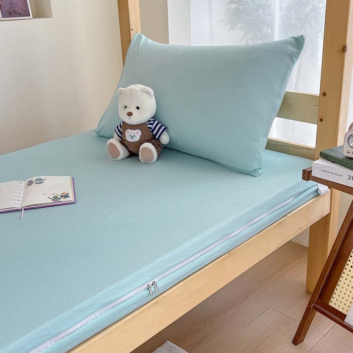 91家纺网 家纺一手货源 找家纺 多品家纺 2025春夏新款超柔水洗棉学生宿舍床笠 天空蓝