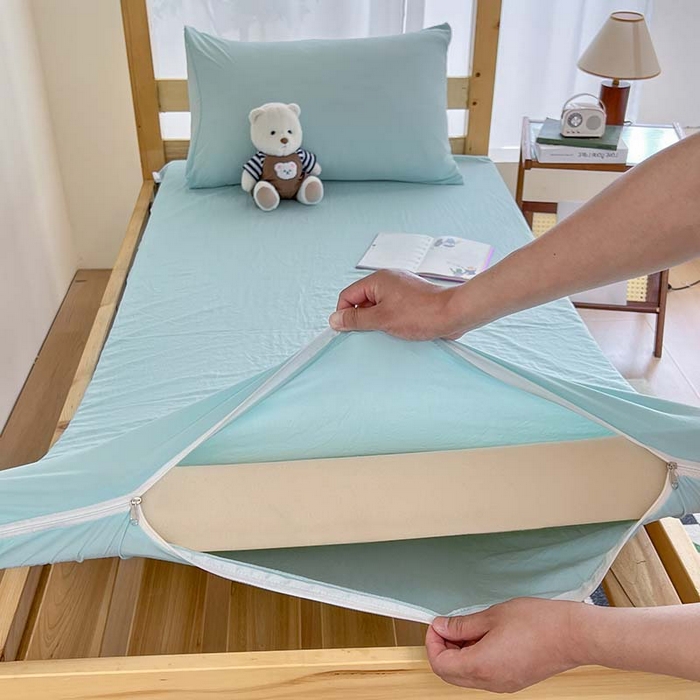 91家纺网 家纺一手货源 找家纺 多品家纺 2025春夏新款超柔水洗棉学生宿舍床笠 天空蓝