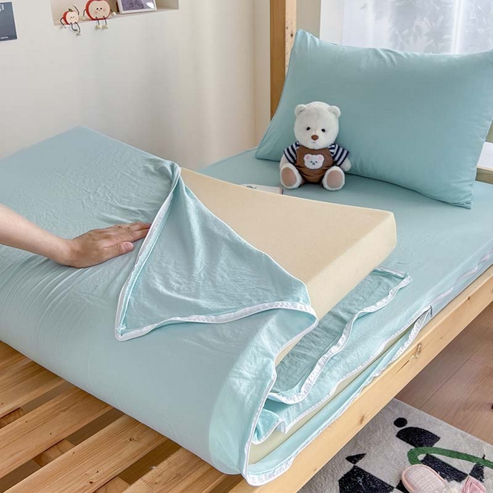 91家纺网 家纺一手货源 找家纺 多品家纺 2025春夏新款超柔水洗棉学生宿舍床笠 天空蓝