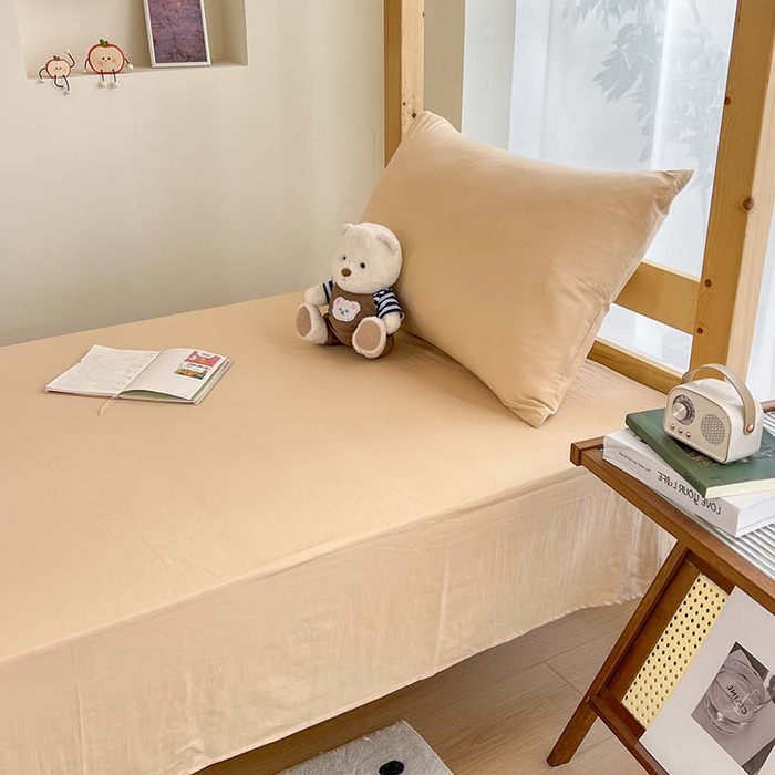 91家纺网 家纺一手货源 找家纺 多品家纺 2025春夏新款超柔水洗棉学生宿舍床笠 杏黄