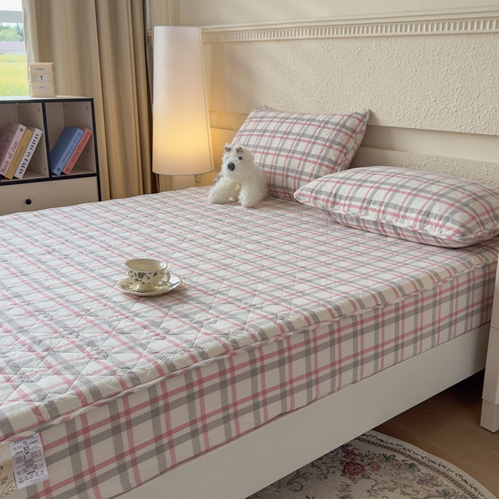 91家纺网 家纺一手货源 找家纺 沐纯家居 2025新款A类全棉色织水洗棉大豆棉床笠-半糖系列 半糖-灰粉