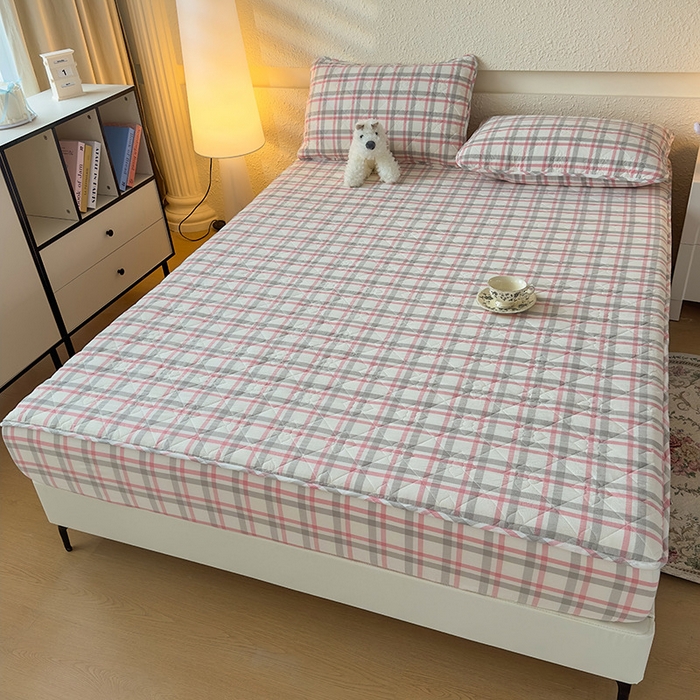 91家纺网 家纺一手货源 找家纺 沐纯家居 2025新款A类全棉色织水洗棉大豆棉床笠-半糖系列 半糖-灰粉