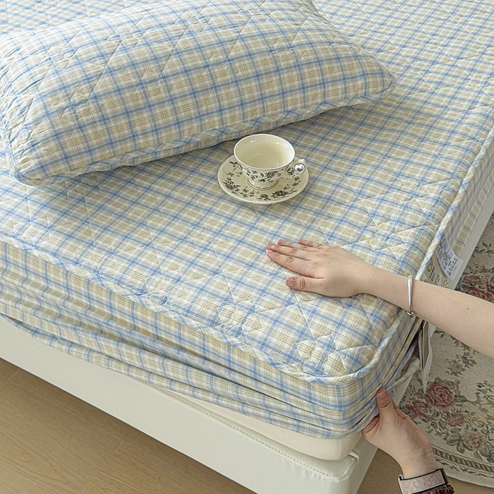 91家纺网 家纺一手货源 找家纺 沐纯家居 2025新款A类全棉色织水洗棉大豆棉床笠-半糖系列 半糖-蓝黄格