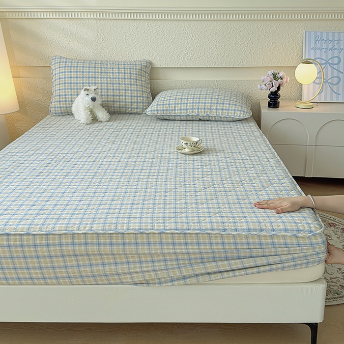 91家纺网 家纺一手货源 找家纺 沐纯家居 2025新款A类全棉色织水洗棉大豆棉床笠-半糖系列 半糖-蓝黄格