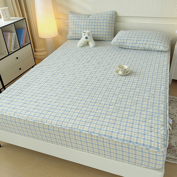 91家纺网 家纺一手货源 找家纺 沐纯家居 2025新款A类全棉色织水洗棉大豆棉床笠-半糖系列 半糖-蓝黄格