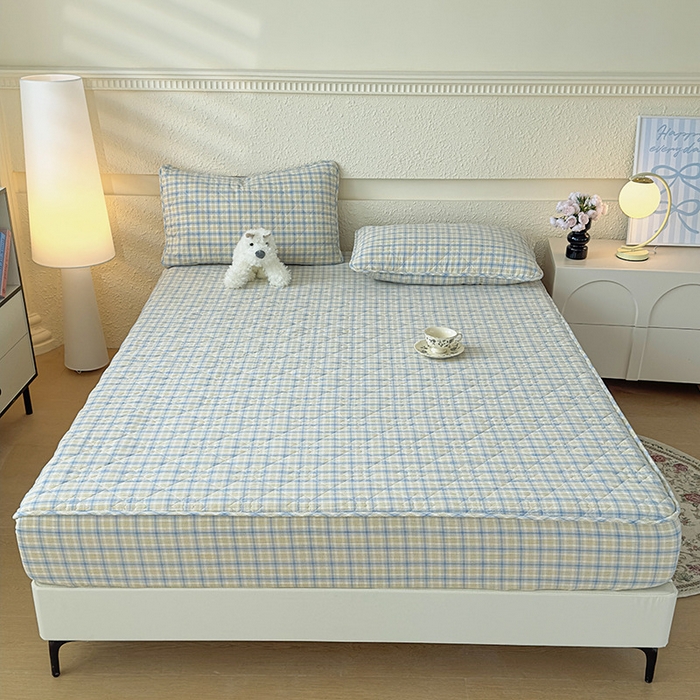 91家纺网 家纺一手货源 找家纺 沐纯家居 2025新款A类全棉色织水洗棉大豆棉床笠-半糖系列 半糖-蓝黄格