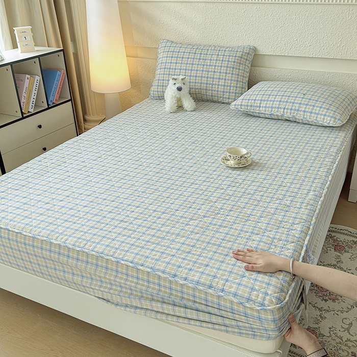 91家纺网 家纺一手货源 找家纺 沐纯家居 2025新款A类全棉色织水洗棉大豆棉床笠-半糖系列 半糖-蓝黄格