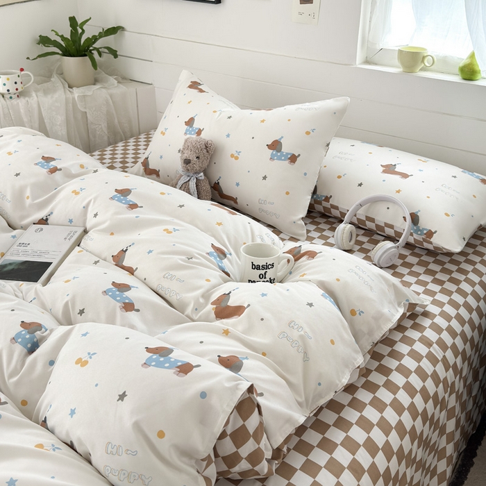 91家纺网 家纺一手货源 找家纺 可可家纺 2025新款印花卡通芦荟棉四件套亲肤床单被套三件套 星星腊肠狗