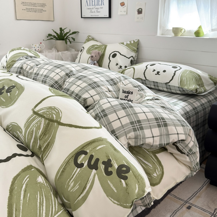 91家纺网 家纺一手货源 找家纺 可可家纺 2025新款印花卡通芦荟棉四件套亲肤床单被套三件套 森系熊