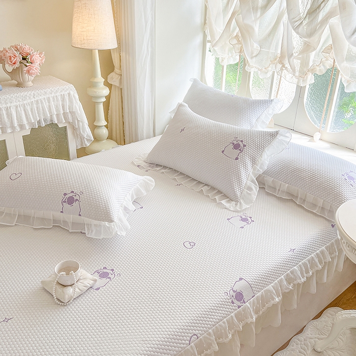 91家纺网 家纺一手货源 找家纺 麒豆豆 2025新款床笠式床裙凉感豆豆凉席席子-小清新系列 可爱巴拉-紫