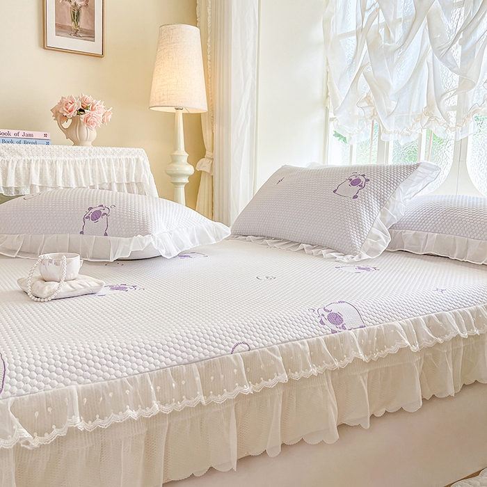 91家纺网 家纺一手货源 找家纺 麒豆豆 2025新款床笠式床裙凉感豆豆凉席席子-小清新系列 可爱巴拉-紫