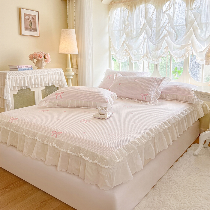 91家纺网 家纺一手货源 找家纺 麒豆豆 2025新款床笠式床裙凉感豆豆凉席席子-小清新系列 甜心蝴蝶-粉