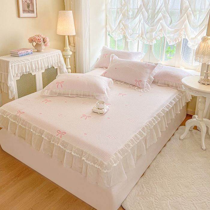 91家纺网 家纺一手货源 找家纺 麒豆豆 2025新款床笠式床裙凉感豆豆凉席席子-小清新系列 甜心蝴蝶-粉