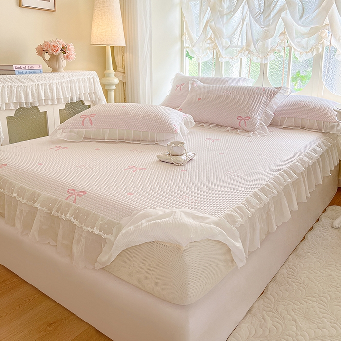 91家纺网 家纺一手货源 找家纺 麒豆豆 2025新款床笠式床裙凉感豆豆凉席席子-小清新系列 甜心蝴蝶-粉