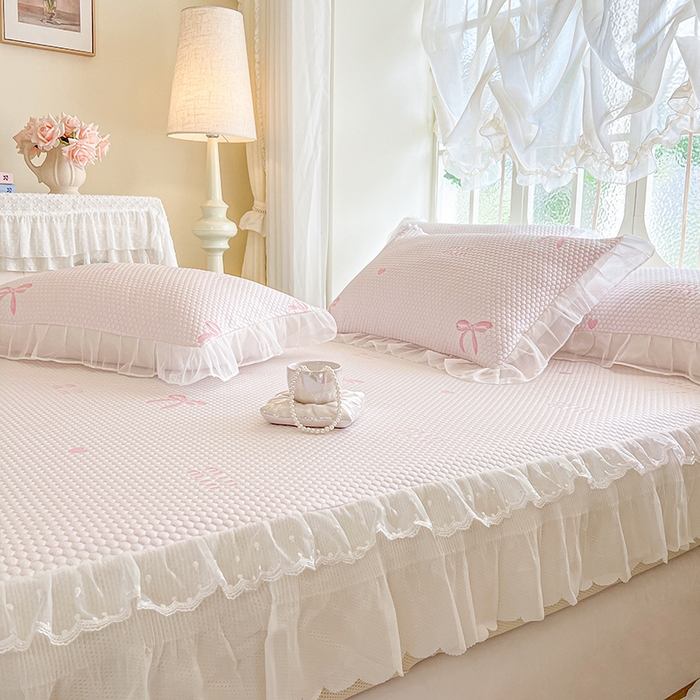 91家纺网 家纺一手货源 找家纺 麒豆豆 2025新款床笠式床裙凉感豆豆凉席席子-小清新系列 甜心蝴蝶-粉