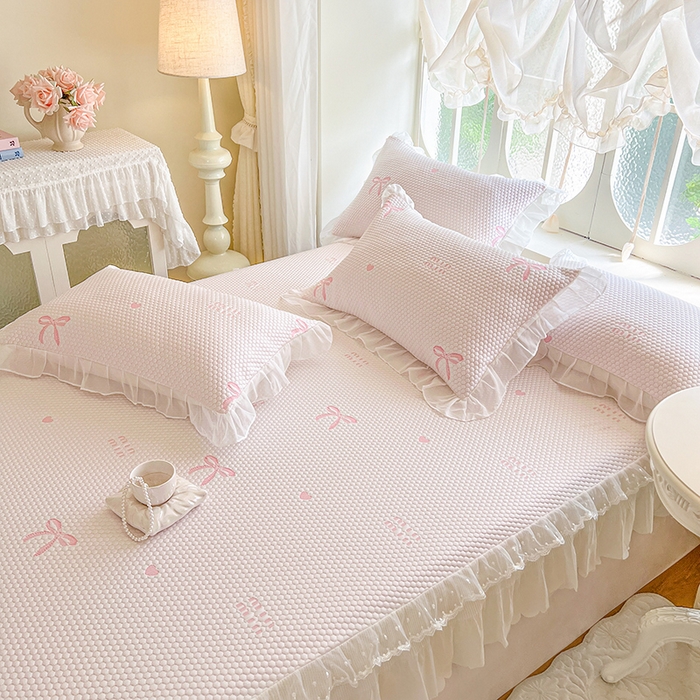 91家纺网 家纺一手货源 找家纺 麒豆豆 2025新款床笠式床裙凉感豆豆凉席席子-小清新系列 甜心蝴蝶-粉