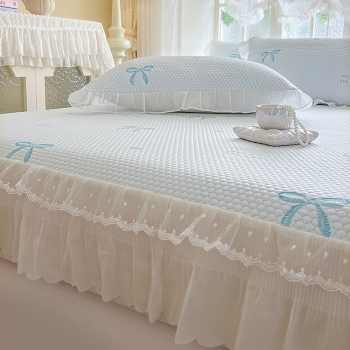 91家纺网 家纺一手货源 找家纺 麒豆豆 2025新款床笠式床裙凉感豆豆凉席席子-小清新系列 甜心蝴蝶-天蓝