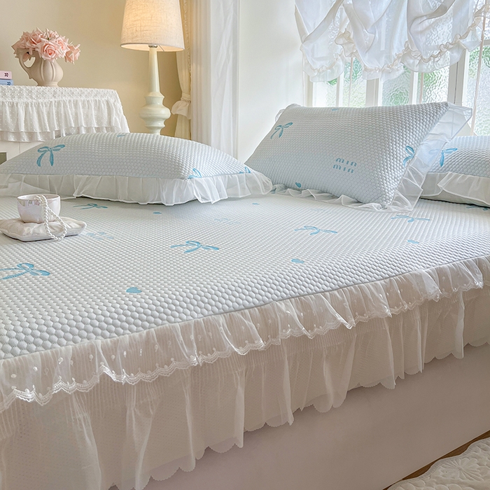 91家纺网 家纺一手货源 找家纺 麒豆豆 2025新款床笠式床裙凉感豆豆凉席席子-小清新系列 甜心蝴蝶-天蓝