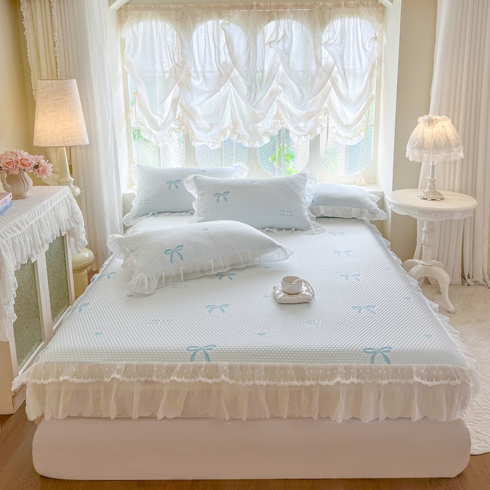 91家纺网 家纺一手货源 找家纺 麒豆豆 2025新款床笠式床裙凉感豆豆凉席席子-小清新系列 甜心蝴蝶-天蓝