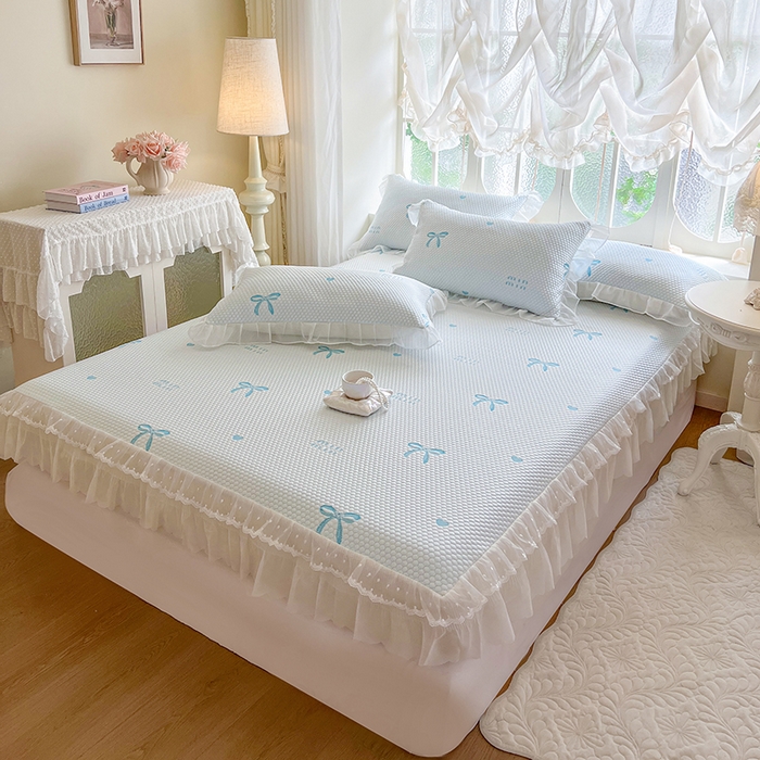 91家纺网 家纺一手货源 找家纺 麒豆豆 2025新款床笠式床裙凉感豆豆凉席席子-小清新系列 甜心蝴蝶-天蓝