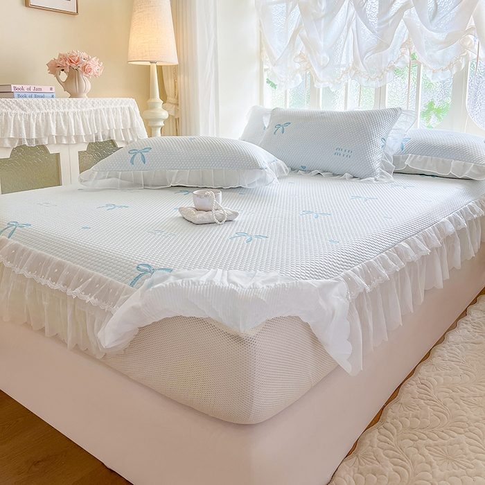 91家纺网 家纺一手货源 找家纺 麒豆豆 2025新款床笠式床裙凉感豆豆凉席席子-小清新系列 甜心蝴蝶-天蓝