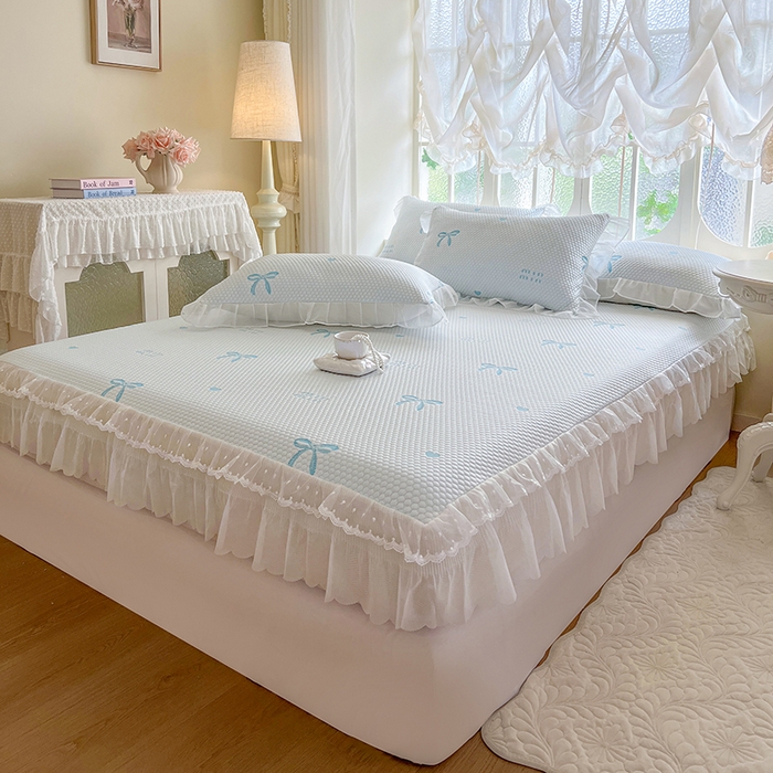 91家纺网 家纺一手货源 找家纺 麒豆豆 2025新款床笠式床裙凉感豆豆凉席席子-小清新系列 甜心蝴蝶-天蓝