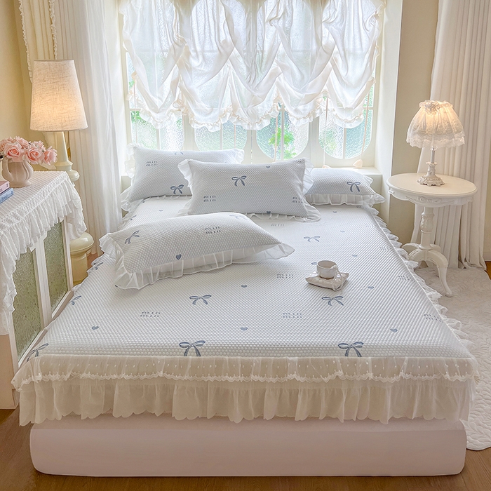 91家纺网 家纺一手货源 找家纺 麒豆豆 2025新款床笠式床裙凉感豆豆凉席席子-小清新系列 甜心蝴蝶-蔚蓝