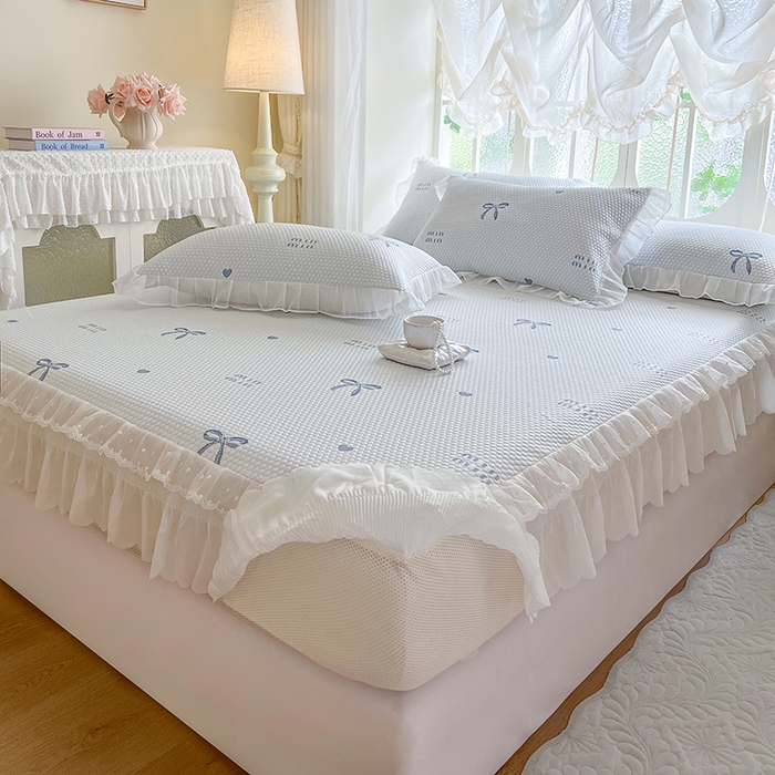 91家纺网 家纺一手货源 找家纺 麒豆豆 2025新款床笠式床裙凉感豆豆凉席席子-小清新系列 甜心蝴蝶-蔚蓝