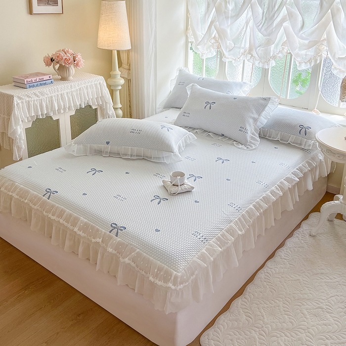 91家纺网 家纺一手货源 找家纺 麒豆豆 2025新款床笠式床裙凉感豆豆凉席席子-小清新系列 甜心蝴蝶-蔚蓝