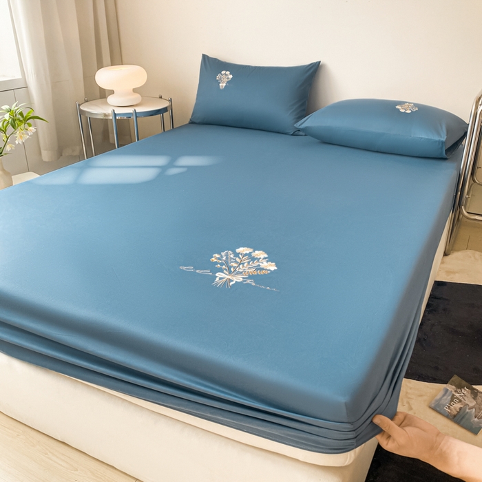 91家纺网 家纺一手货源 找家纺 暖季家纺 2025新款40支长绒棉13376刺绣款全棉床笠床垫保护套支持定制 琉璃-宾利蓝