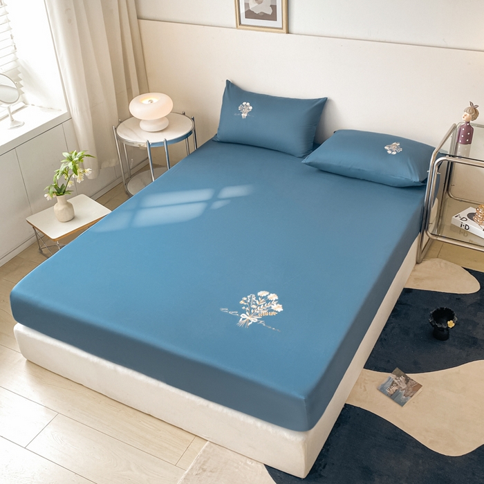 91家纺网 家纺一手货源 找家纺 暖季家纺 2025新款40支长绒棉13376刺绣款全棉床笠床垫保护套支持定制 琉璃-宾利蓝