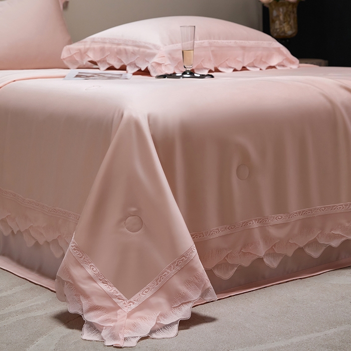 91家纺网 家纺一手货源 找家纺 淼铭家纺 2025新款莱赛尔夏被四件套-黛莉丝系列 黛丽丝-粉