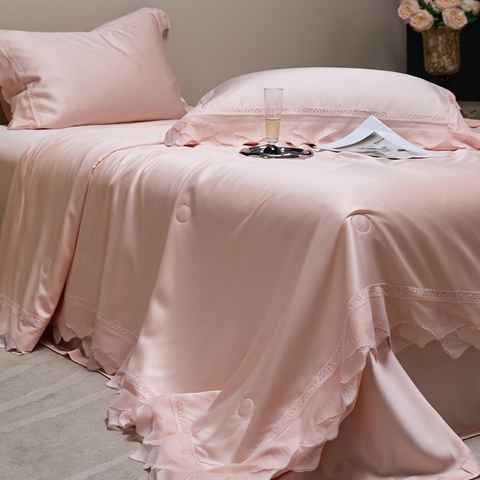 91家纺网 家纺一手货源 找家纺 淼铭家纺 2025新款莱赛尔夏被四件套-黛莉丝系列 黛丽丝-粉