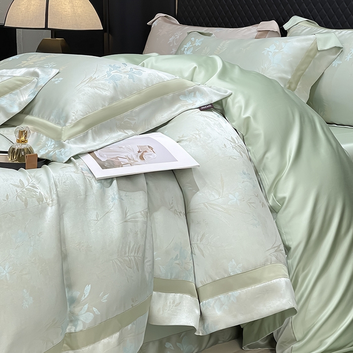 91家纺网 家纺一手货源 找家纺 2025春夏新款A类天丝棉贡缎提花四件套真丝全工艺丝滑裸睡床单床笠爆款床上用品 尤朵-绯绿