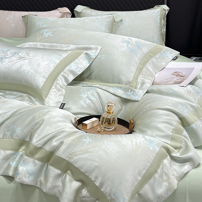 91家纺网 家纺一手货源 找家纺 2025春夏新款A类天丝棉贡缎提花四件套真丝全工艺丝滑裸睡床单床笠爆款床上用品 尤朵-绯绿