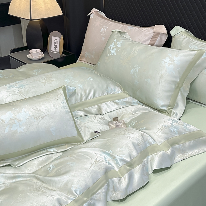 91家纺网 家纺一手货源 找家纺 2025春夏新款A类天丝棉贡缎提花四件套真丝全工艺丝滑裸睡床单床笠爆款床上用品 尤朵-绯绿