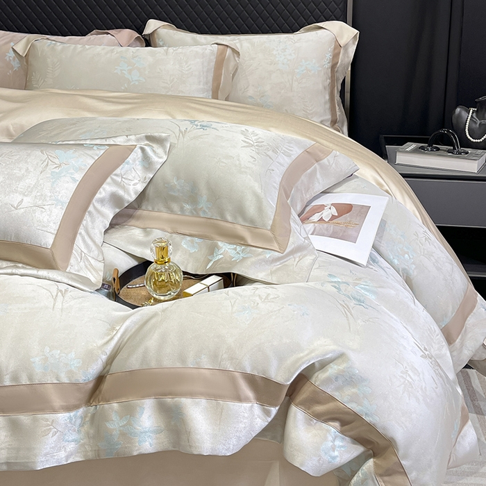 2025春夏新款A类天丝棉贡缎提花四件套真丝全工艺丝滑裸睡床单床笠爆款床上用品 尤朵-湘金