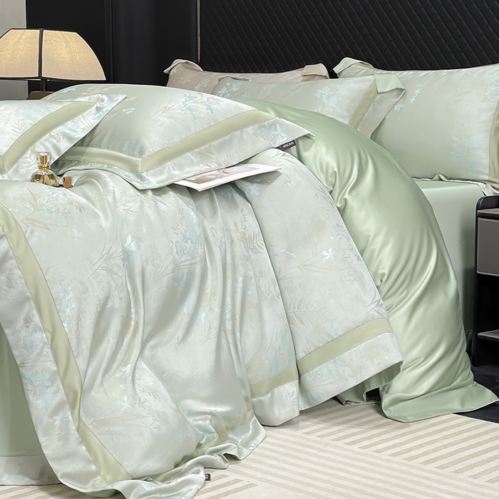 91家纺网 家纺一手货源 找家纺 2025春夏新款A类天丝棉贡缎提花四件套真丝全工艺丝滑裸睡床单床笠爆款床上用品 尤朵-绯绿