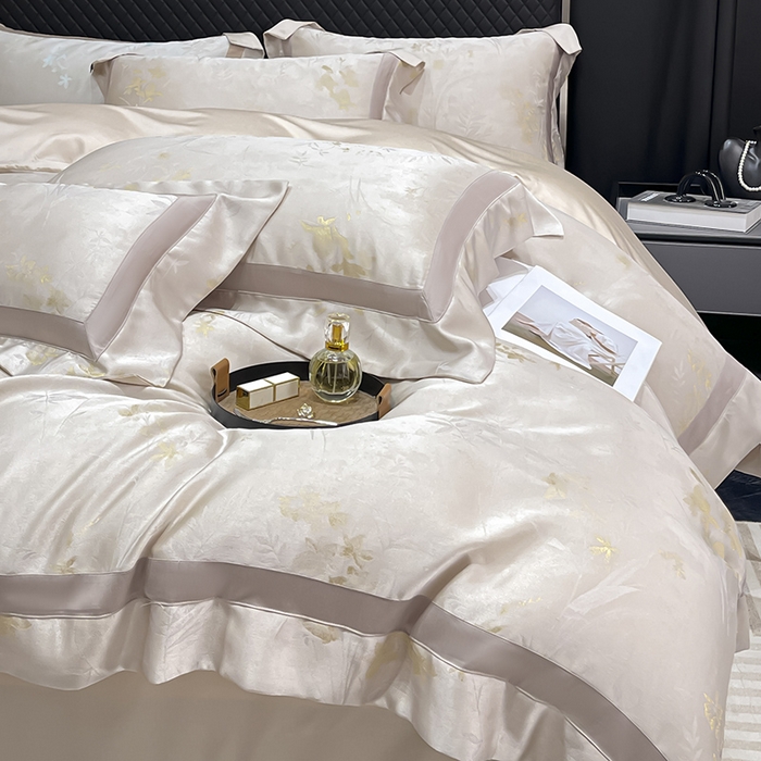 91家纺网 家纺一手货源 找家纺 2025春夏新款A类天丝棉贡缎提花四件套真丝全工艺丝滑裸睡床单床笠爆款床上用品 尤朵-柔杏