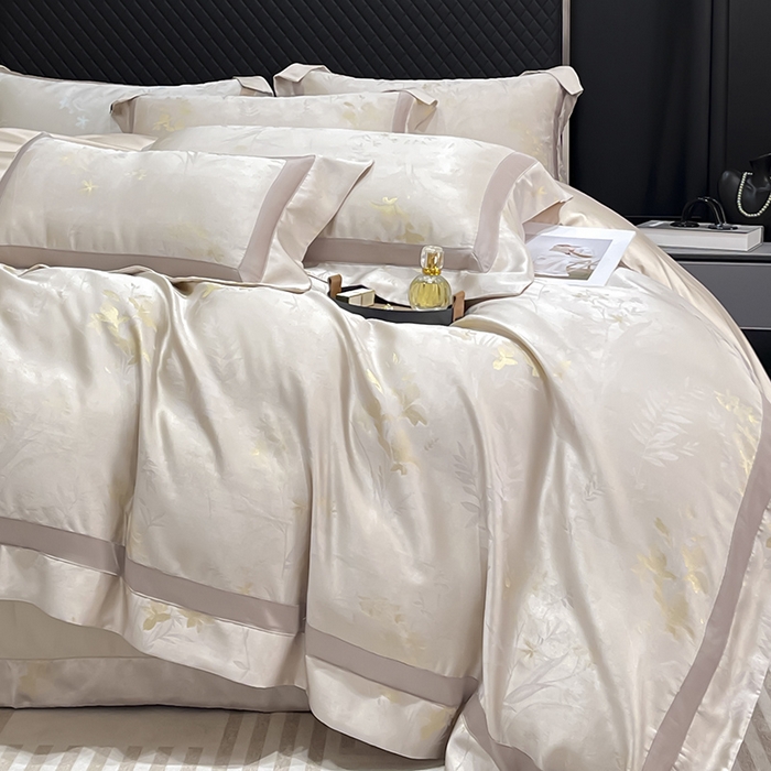 91家纺网 家纺一手货源 找家纺 2025春夏新款A类天丝棉贡缎提花四件套真丝全工艺丝滑裸睡床单床笠爆款床上用品 尤朵-柔杏