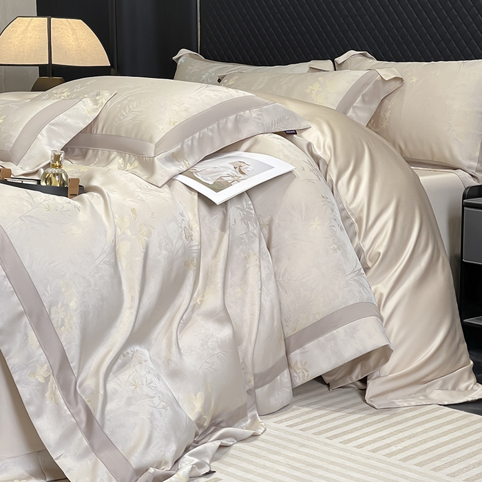 91家纺网 家纺一手货源 找家纺 2025春夏新款A类天丝棉贡缎提花四件套真丝全工艺丝滑裸睡床单床笠爆款床上用品 尤朵-柔杏